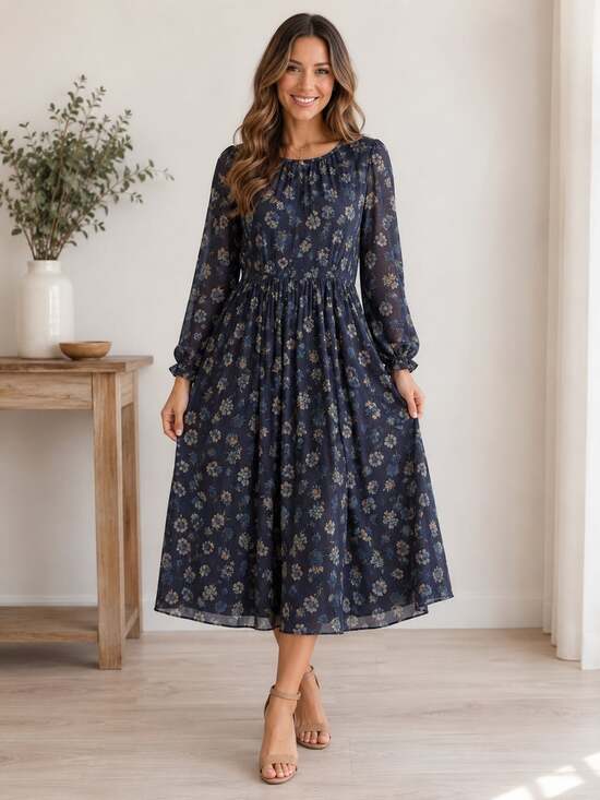 Brass And Roe Dresses & Skirts - Brass & Roe Roxi Blue Floral Tiered Midi Dress Long Sleeve Size M